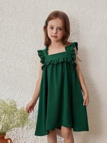 Blossori Vestido sin mangas con volantes y ribete verde para niñas en vacaciones en el campo