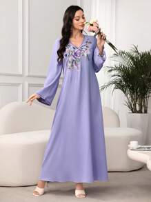 Al Najma 刺绣长袖休闲连衣裙，夏季时尚，端庄 - 紫色 - 查看 4