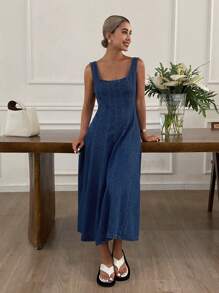Livesso Vestido de verano informal de mujer de línea A de jean de unicolor