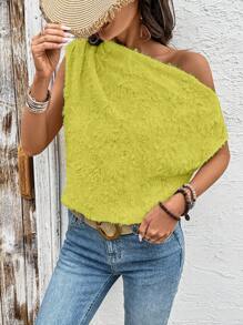 Chiquease Women's Textured Ruched Asymmetric Asymmetrical Neck Loose Elegant Blouse - Yellow - View 6
