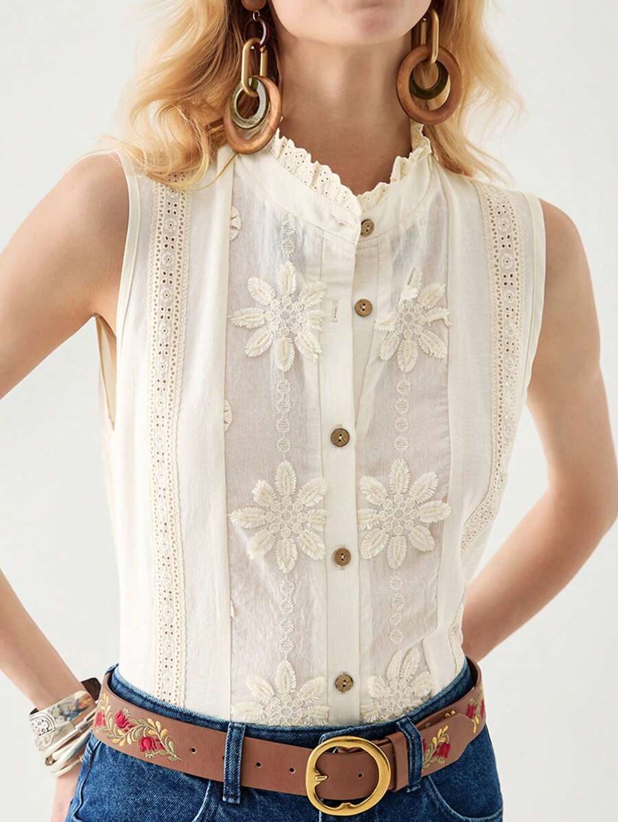 Florisole 女式夏季法式领无袖镂空波西米亚风格优雅蕾丝拼布杏色衬衫 - 杏色 - 查看 1