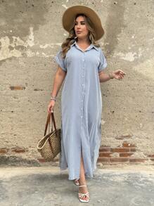 Breezaya Vestito camicia casual con fessura laterale, a maniche corte, monopetto, a righe, taglie forti per donne