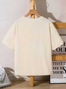 SHEIN 青少年男孩休闲华夫格纹理贴袋短袖圆领 T 恤，舒适时尚简约百搭，柔软舒适，适合春夏季节、日常穿着、户外玩耍、学校、街头风格、派对和休闲 - 米色 - 查看 3