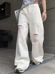 DAZY Women Casual Versatile Solid Color Distressed Denim Jeans,Baggy Jeans