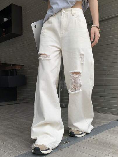 DAZY Jeans de mezclilla holgados de unicolor y desgastados, jeans anchos para mujer