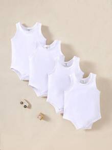SHEIN Playful Pals 4 件装男婴柔软针织连体衣，百搭百搭纯色休闲无袖连体衣，四季皆宜 - 白色 - 查看 8