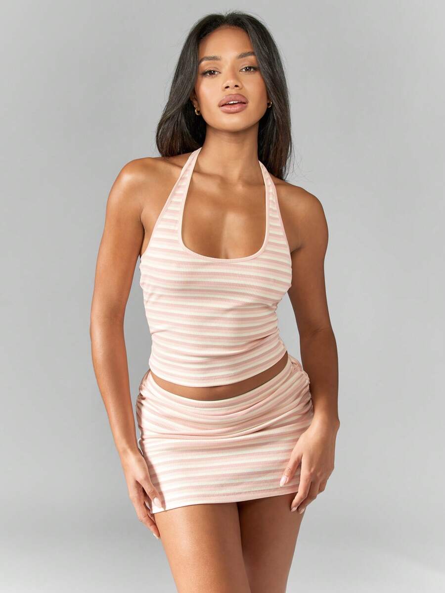 MISSGUIDED Stripe Halter Neck Top And Bodycon Mini Skirt Two Piece Co Ord Set - Multicolor - View 1