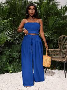 Slaydiva Size Frill Trim Tube Top And Elastic Waist Wide Leg Pants For Summer Leisure