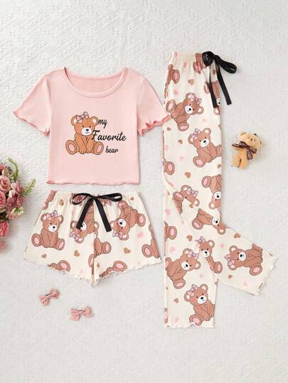 3pcs Bear Print Girl Pajama Set: Long Pants, Shorts, And Short Sleeve Sleepwear