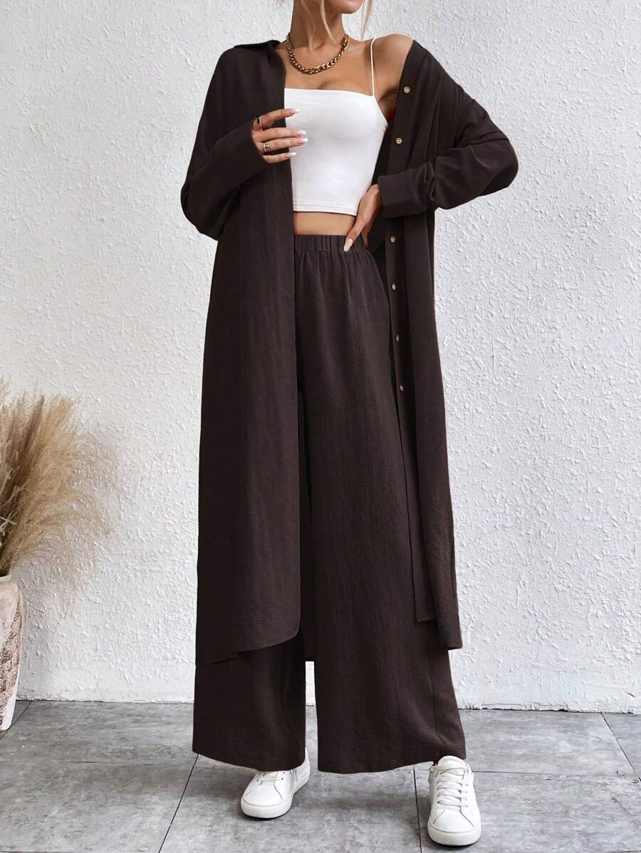 SHEIN LUNE Women Two Pieces Outfits For Daily Wear - Chocolate Brown - View 1