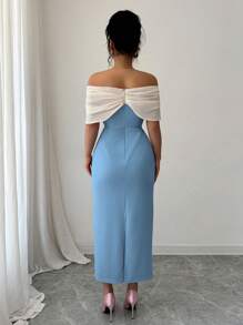 Modelyn Women's Knitted Off Shoulder Color Block Waist Fitted Mini Dress - Blue - View 2