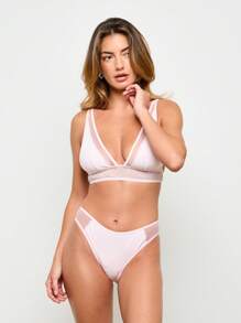 AiiRZ Mesh Inset Triangle Bralette Lingerie Set Soft Wireless Design Modern Wide Band See Through Details High Cut Brazilian Briefs Summer Lounge Wear - Pink - View 1