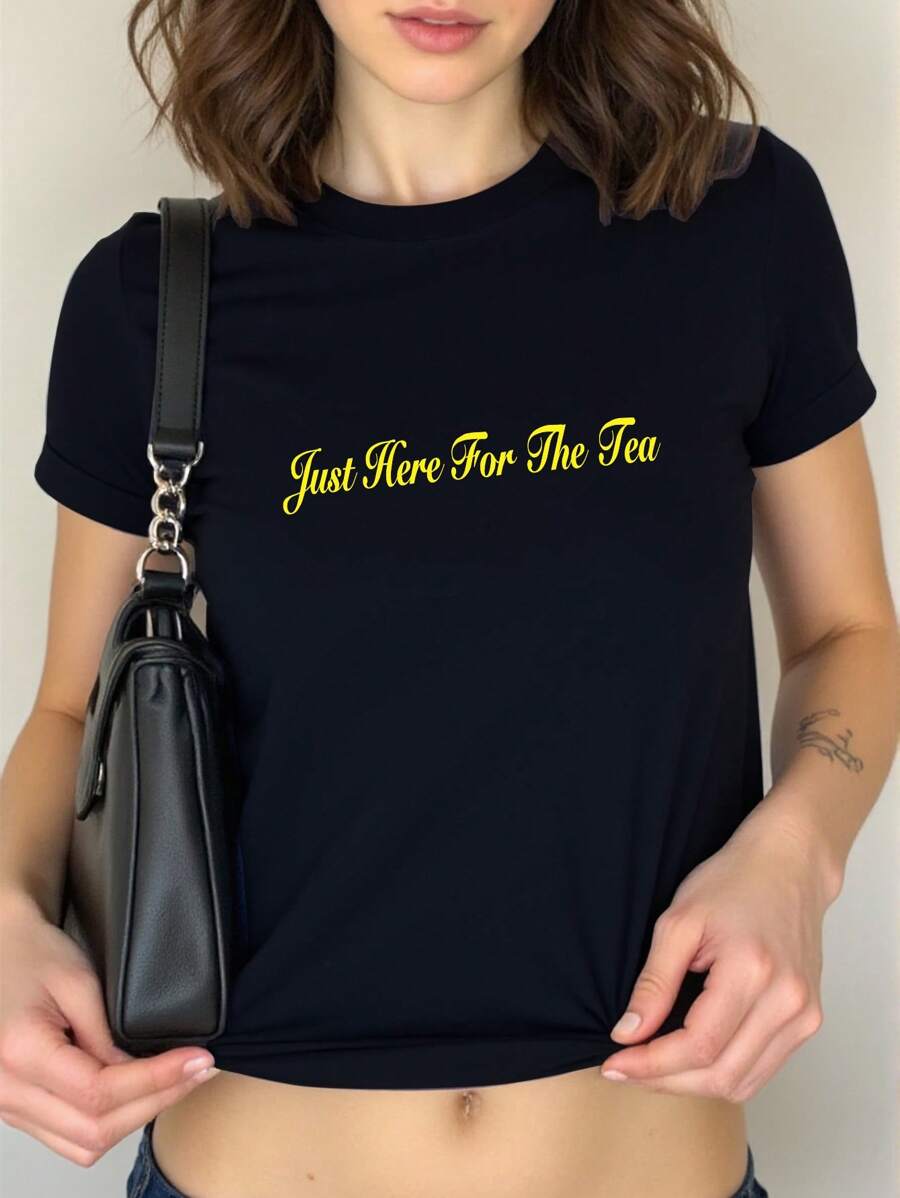 SHEIN Y2K Contrast Slogan Crop Round Neck Graphic Print T-Shirt For Women - Black - View 1