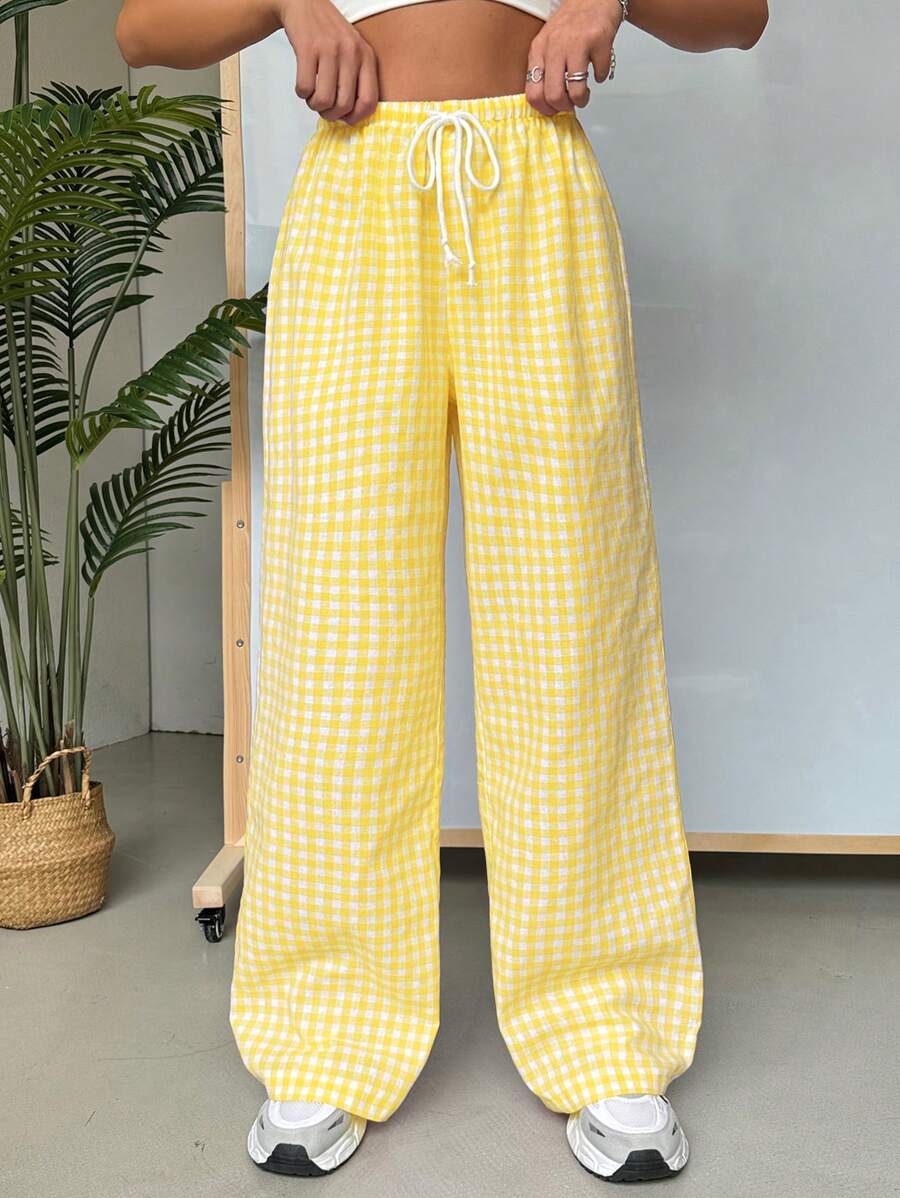 SHEIN EZwear Women's Summer Plaid Print Drawstring Waist Casual Linen Pants - Yellow - View 1