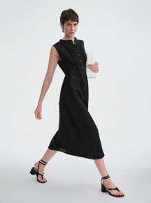 Aalyst 优雅艺术风格女士优雅无袖系带腰立领衬衫连衣裙 - 黑色 - 查看 5