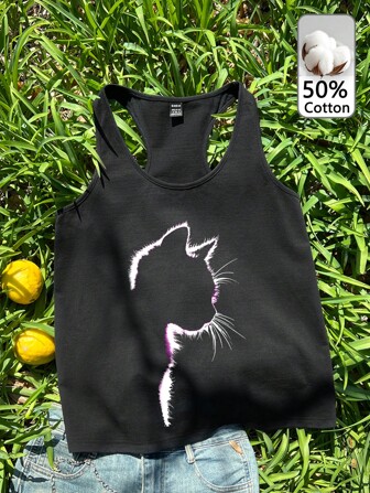 Tseoso Lässiges Damen-Camisole aus Baumwollmischung mit Retro-Katzendruck und minimalistischem Design