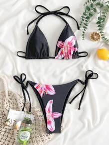 SHEIN Swim 2025 Floral Print Halter Bra & Tied Side Briefs Bikini Set - Black - View 2