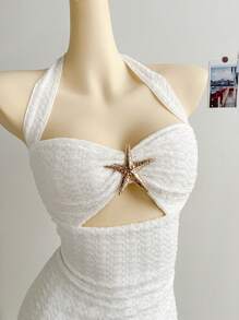 Soleia Abito mini da donna per le vacanze, in maglia bianca con texture, spalline annodate, con inserti metallici a forma di stella marina decorativa, adatto per feste, appuntamenti, spiaggia, estate, aderente e sexy