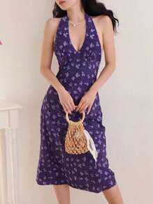 INAWLY Váy dài thường ngày họa tiết hoa tím, tối giản và thời trang để mặc hàng ngày - Màu tím - Xem 4