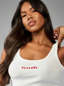 Missguided x Playboy Top de tirantes corto acanalado de algodón, ropa deportiva de verano estilo Y2K, ropa urbana, atlética, gimnasio, deporte, clásica, con logo básico, esencial, sin mangas, ajustado, para mujer