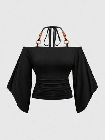 Hippie Plus Size Women Vintage Loose Off Shoulder Wood Beads Decor Batwing Sleeve T-Shirt