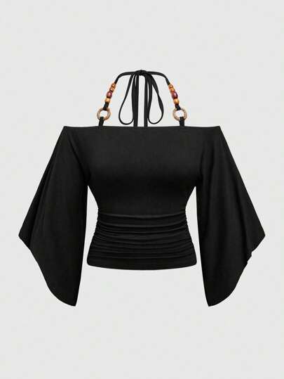 Hippie T-shirt ample pour femmes grandes tailles, style vintage, épaules dénudées, avec décoration de perles en bois et manches chauve-souris