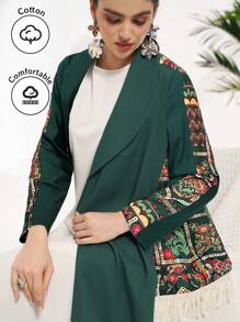 Al Najma 女士简约休闲花卉印花流苏长袍和服开衫、长袍 - 墨綠色 - 查看 1