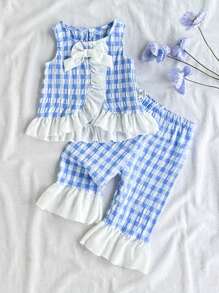 SHEIN Conjunto de top sin mangas con volantes y moño a cuadros + pantalones acampanados para bebé niña, estilo campestre - Azul y blanco - Ver 4