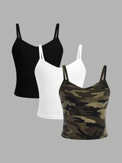 3pcs Young Girls' Solid Color Camo Print Camisole Set