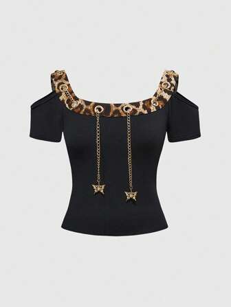 J-Fashion Camiseta de manga corta con estampado de guepardo, cadena, recorte en forma de mariposa para mujer, estilo Y2K