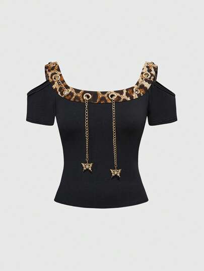 J-Fashion تي شيرت نسائي ذو أكمام قصيرة مع قلادة فراشة مقطوعة مطبوعة بنقشة الفهد الخاصة بطراز Y2K