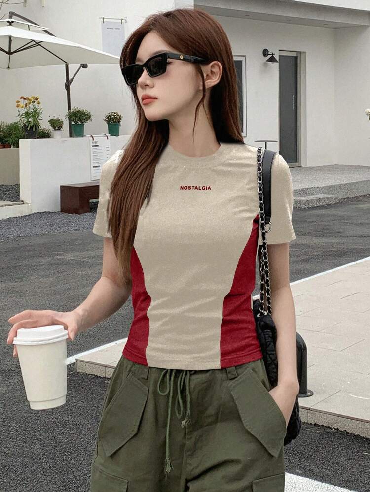Women's Summer Casual T-Shirt With Round Neckline, Letter Print And Color Block Design Preppy Tops