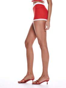 MUSERA Shorts mini ajustados de ganchillo de punto con rayas contrastantes, para primavera, verano, vacaciones, playa y días festivos