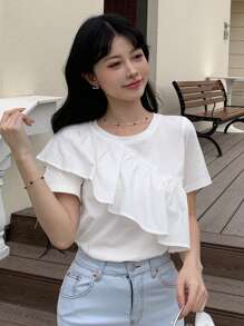 DAZY Women's Ruffle Hem T-Shirt,Crop Tops Women - White - View 8
