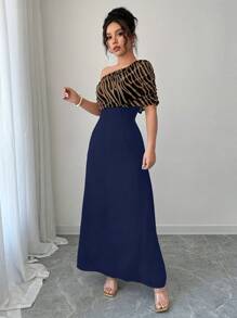 SHEIN Unity Vestido de fiesta ceñido y sexy con hombros inclinados, parches y rayas - Azul Marino - Ver 6