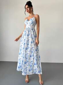 Firerie Women's Summer Vacation Outfit Floral Print Adjustable Spaghetti Strap Elegant Dress For Beach, Outdoor Activities, Holidays, Blue & White - Multicolor - View 7
