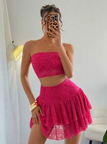 SHEIN VCAY Women's Sexy Lace Bustier Top & Multilayer Ruffled Mini Skirt Pink Sets, Spring & Summer - Hot Pink - View 2