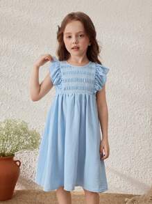 Blossori 亚麻年轻女孩蓝色荷叶边袖直筒连衣裙，适合节日/度假 - 藍色 - 查看 5