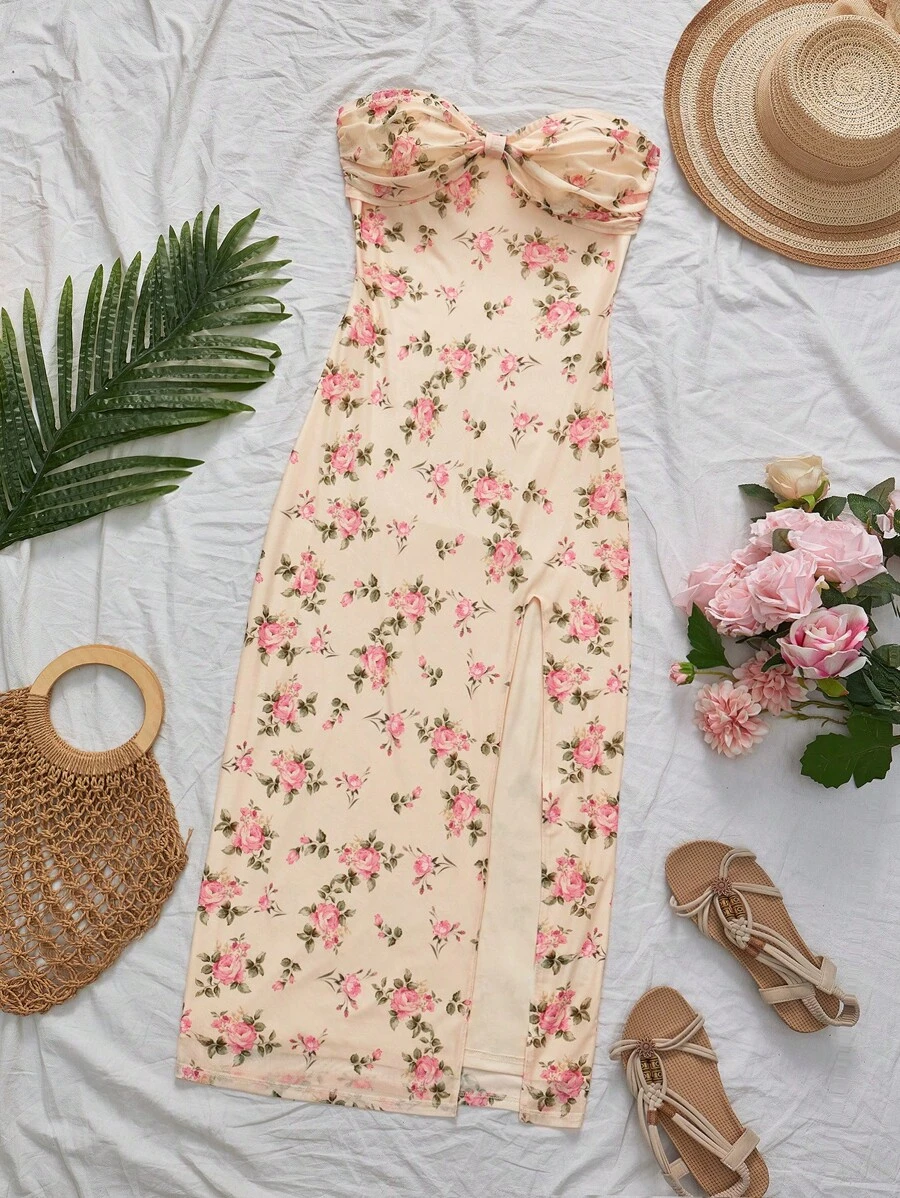 SHEIN VCAY 针织网眼印花长裙，修身沙滩裙，春夏