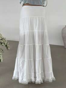 SHEIN x PRISCILA & JIMENA DAZY Fustă lungă și elegantă pentru femei, cu curea, din dantelă, albă, cu volane - alb - Vizualizare 5