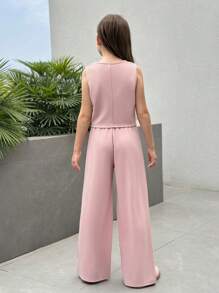 SHEIN Nova Glow Tween 女童休闲街头风格梭织无袖纯色短款上衣和直筒裤套装 - 淺粉色 - 查看 2