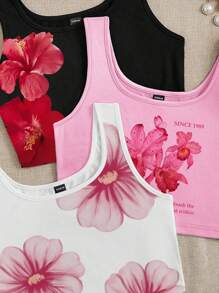 SHEIN EZwear 3pcs/Set Women Holiday Floral Print Cropped Casual Camisole Top - Multicolor - View 3