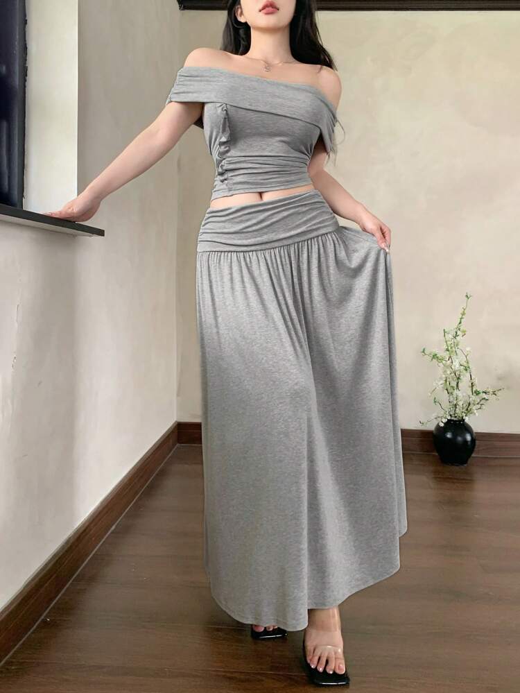 2pcs Women Off Shoulder Ruffle Trim Blouse And Skirt Set, Casual Sexy Slim Fit