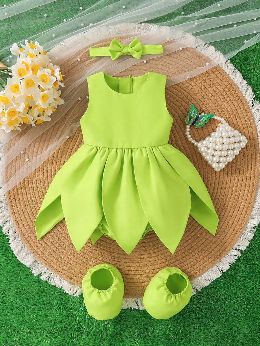 SHEIN Perso Play 3件套女婴仙女公主花瓣连衣裙，夏季无袖连体衣和荷叶边连衣裙套装 - 綠色 - 查看 1