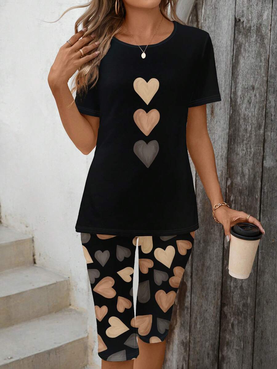 EMERY ROSE Mother's Day Spring/Summer Ditsy Floral Heart Print Plus Size Women 2 Pieces Set With Short Sleeve Tee & Capri Pants - Multicolor - View 1