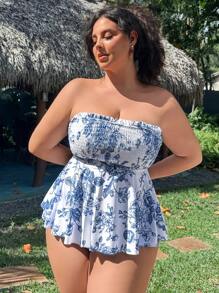Swim Mod Plus Size 2pcs Random Print High-Waist Triangle Bikini Set With Detachable Shoulder Straps, Backless Casual Vest Style Swimwear For Summer Beach Vacation - Blue and White - View 6