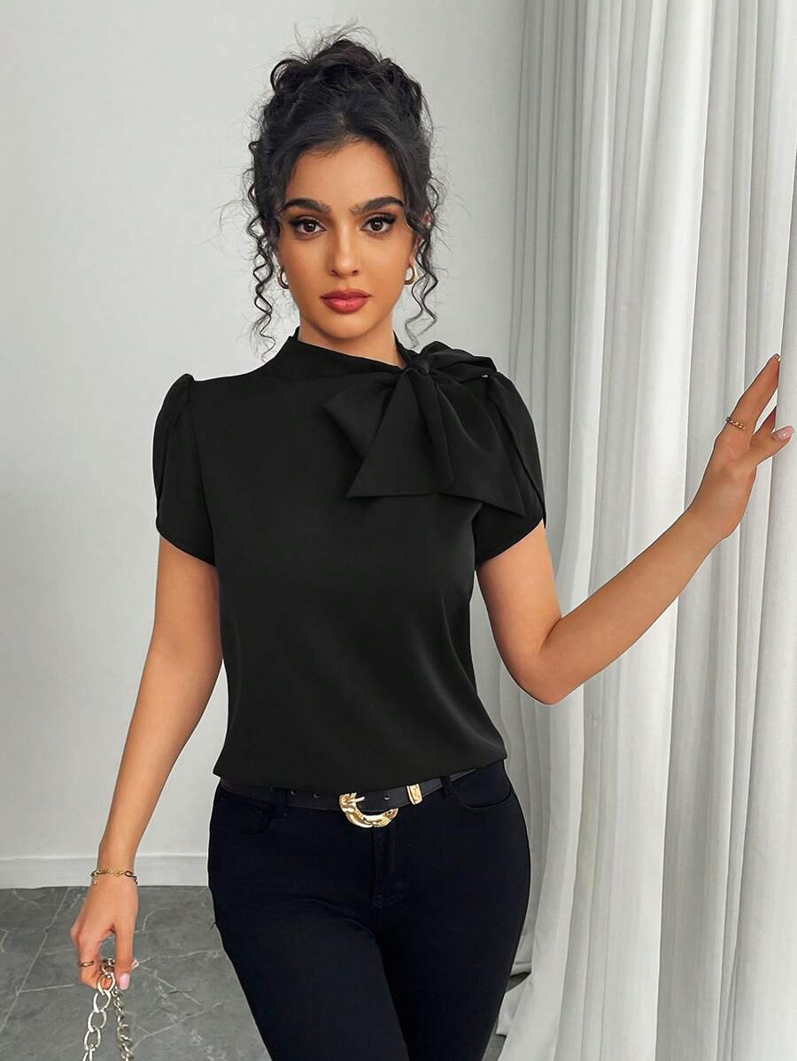 Islaluna Women's Casual Versatile Solid Color Tie Bow Flare Sleeve Blouse, Spring/Summer