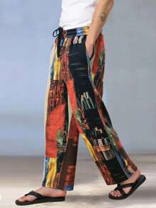 Manfinity RSRT Men Pants,Men's Color Block Patchwork Pants Trousers Mid Waist Drawstring Elastic Waist Hawaiian Casual Outdoor Party Evening Wear Holiday Straight Leg Trousers Summer Spring Fall 3D Print Men S Clothes Men Pants Patchwork Jeans Men Clothing Men Pants Boho Pants Men