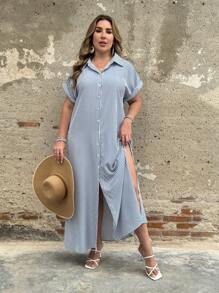 Breezaya Vestito camicia casual con fessura laterale, a maniche corte, monopetto, a righe, taglie forti per donne