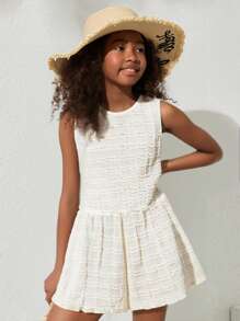 SHEIN Tween Girls Casual Vacation Simple Knitted Jacquard Pleated Sleeveless Top And Shorts Set